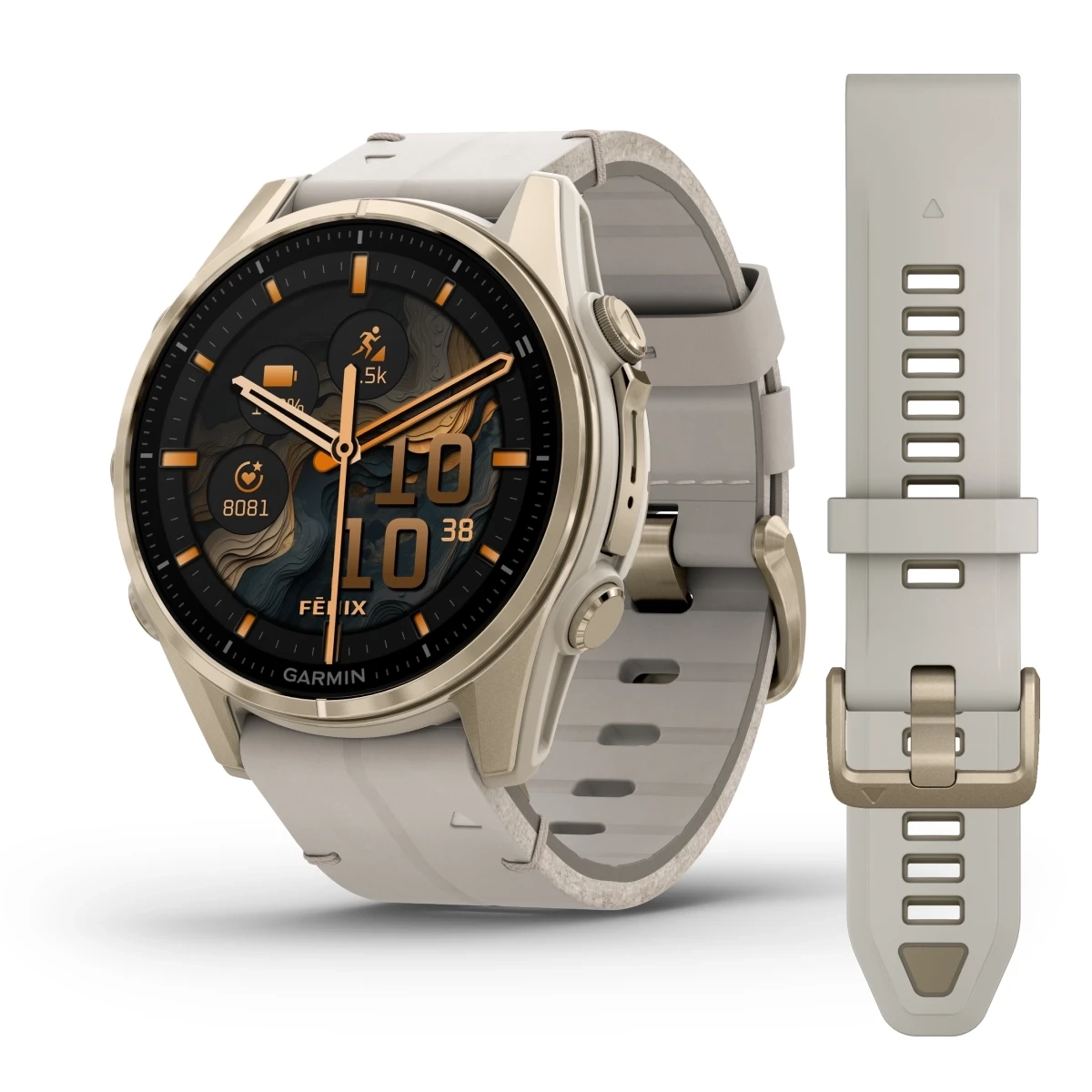 Garmin Fenix 8 43MM-Amoled Sapphire Soft Gold/Fog Gray Leather Band - Image 1